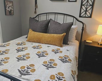 Hand Block Print Kantha Quilt: Indian Cotton Floral Bedspread