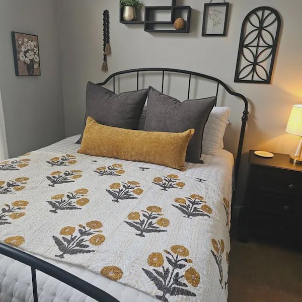 Hand Block Print Kantha Quilt: Indian Cotton Floral Bedspread
