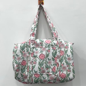 Quilted Duffle Tote Shoulder Bag Cotton Peach Orange Pink Floral Eco friendly Sustainable Sturdy Yoga Shopping Beach Artist Boho Weekender