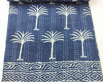Palm Tree Printed Kantha Quilt: Indigo Blue Cotton Bedspread