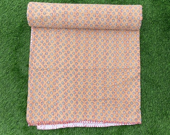 Handmade Floral Kantha Quilt: Indian Bagru Print Cotton Bedspread