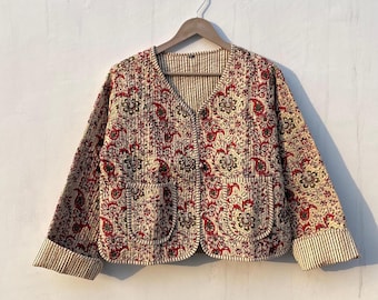 Handmade Patchwork Cotton Quilted Jacket: Reversible Boho Coat