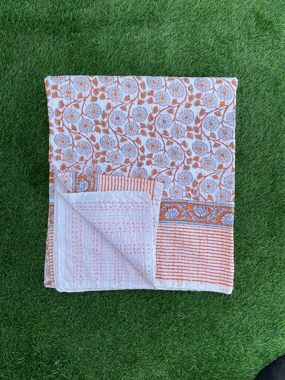 Hand Stitched Floral Kantha Quilt: Indian Cotton Bedspread - Etsy