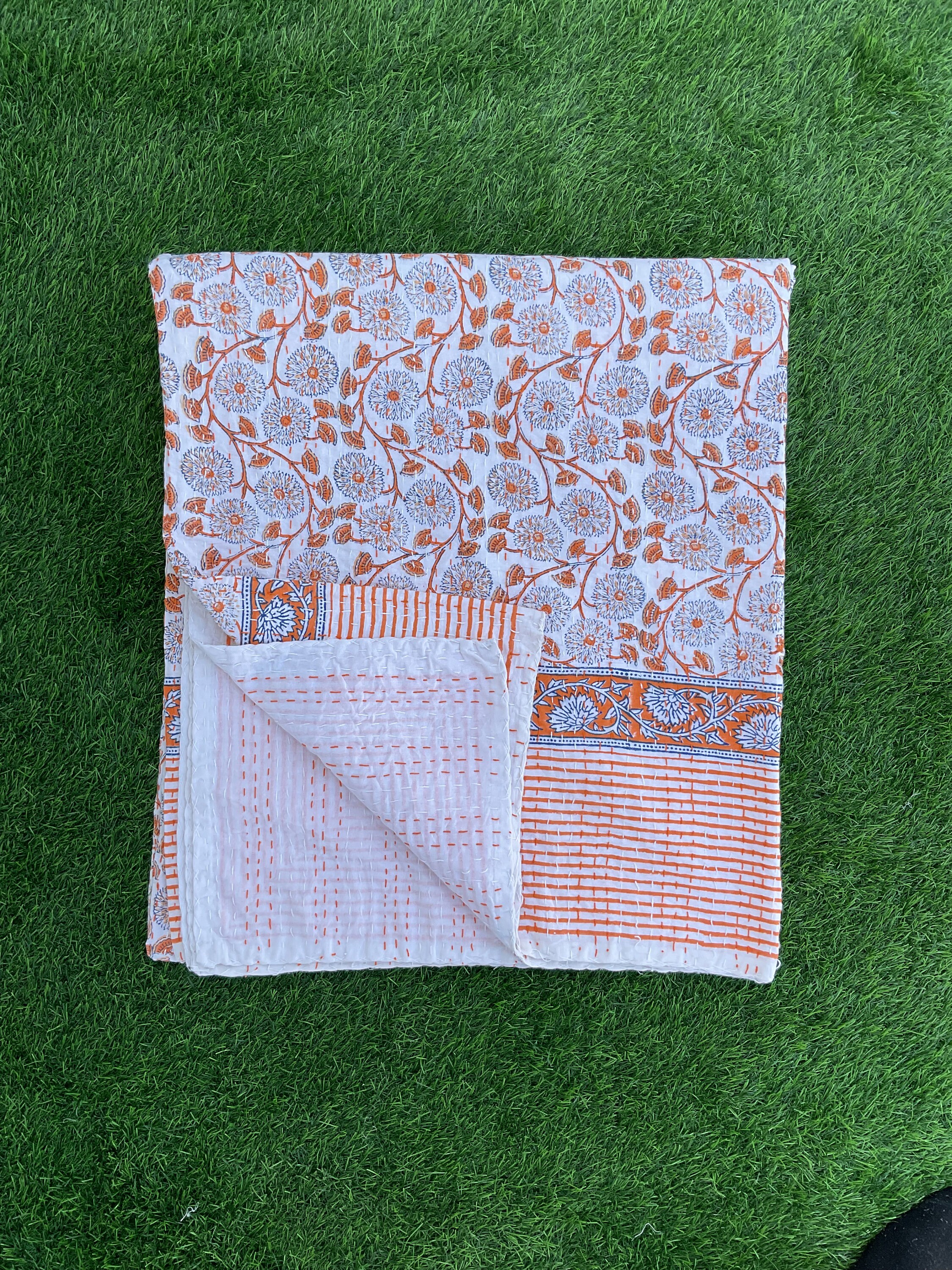 Hand Stitched Floral Kantha Quilt: Indian Cotton Bedspread - Etsy