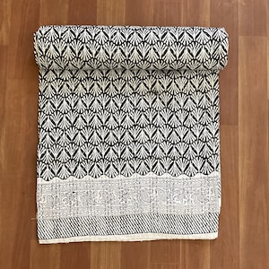Handmade Indian Kantha Quilt: Block Print Cotton Bedspread - Queen Size
