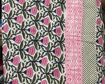 Handmade Indian Cotton Sarong: Pink Floral Block Print Beach Scarf