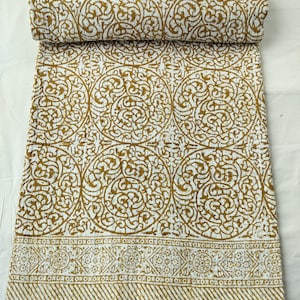 Handmade Indian Kantha Quilt: Brown Floral Block Print Cotton Bedspread
