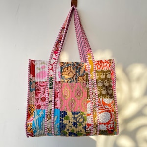 Floral Block Print Tote Bag: Ethnic Quilted Cotton Shopping Bag