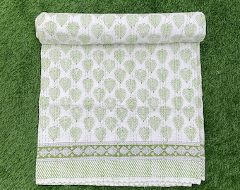 Green Floral Kantha Quilt: Hand Block Print Cotton Queen Blanket