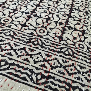 Handmade Floral Block Print Kantha Quilt: Indian Cotton Bedding