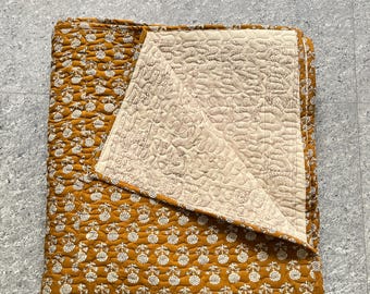 Hand Block Print Kantha Quilt: Brown Floral Reversible Bedspread