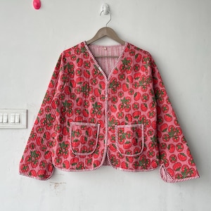Cotton Women&#39;s Quilted Jacket Block Printed Boho Style Quilted Handmade Jackets, Coat Holidays Gifts Button Closer Jacket for Women Gifts