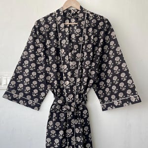 Cotton Kimono Robe Dressing Gown, Block Print Bridesmaid Robe, Summer Nightwear, One Size, Gift For Her