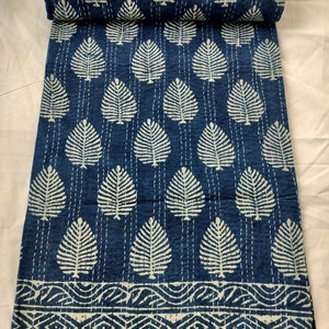 Indigo Blue Kantha Quilt: Indian Block Print Cotton Bedspread
