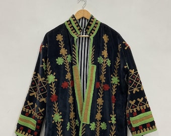 Handgemachte Samt Suzani Jacke, Stickerei Lange Jacke Mantel Winterangebot