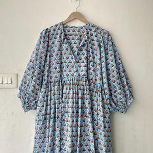 Midi Dress, Mini Dress, Floral Long Block Print Dress, Deep Neck with string closer,  Floral Long Block Print Dress, gift for her,