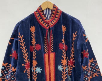 Chaqueta de terciopelo bordado, abrigo, chaqueta Suzani de algodón hecha a mano