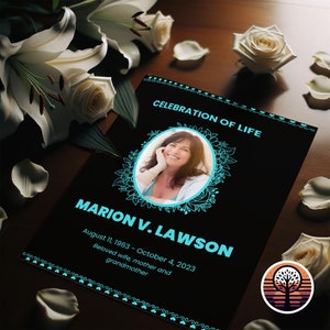 Funeral Program Template - Printable Order of Service for Celebration of Life - 8 Page Layout - Tropical Sky Blue & Black