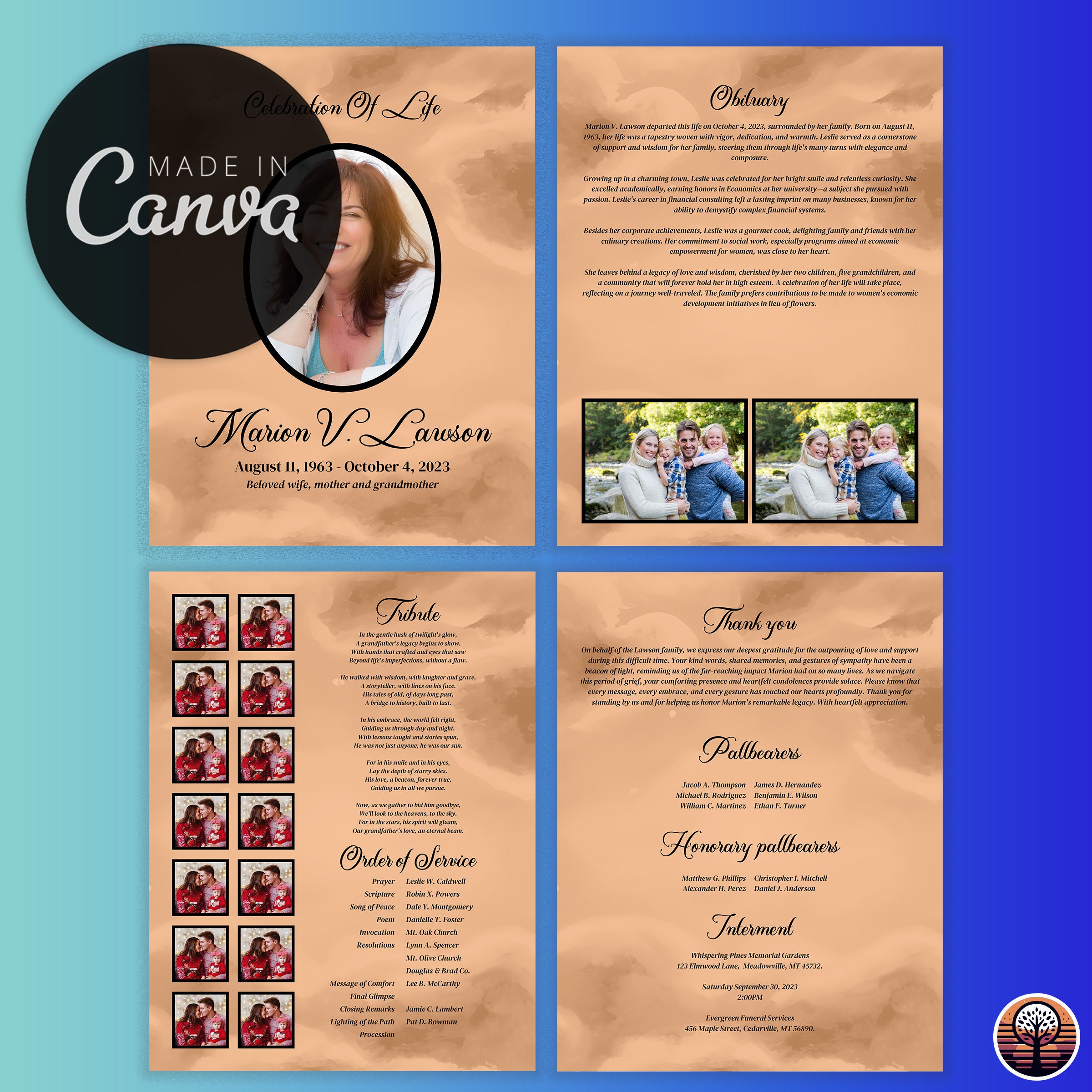 Funeral Program Template - Printable Order of Service for Celebration ...