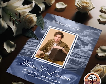 Modèle de programme de funérailles - Ordre de service imprimable pour une célébration de la vie - Mise en page de 4 pages - Voiture classique bleu royal