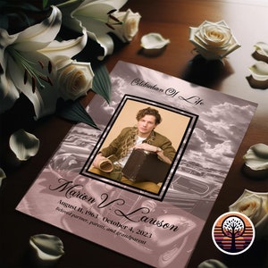 May include: A pink and white memorial card with a black border and a photo of a man in a brown jacket. The text on the card reads "Celebration of Life" and "Marion V. Lawson August 11, 1963 - October 4, 2023 Beloved partner, parent, and grandparent".