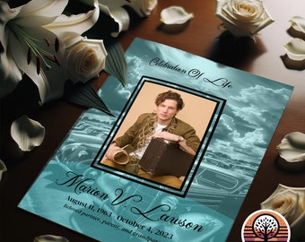 Modèle de programme de funérailles - Imprimable ordre d'intronisation pour une célébration de la vie - Mise en page de 4 pages - Voiture classique bleu ciel tropical