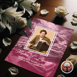 May include: A pink and white memorial card with a photo of a man holding a suitcase. The card reads "Celebration of Life" and "Marion V. Lawson August 11, 1963 - October 4, 2023 Beloved wife, mother and grandmother".