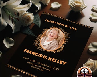 Funeral Program Template, Funeral Memorial Program, Printable Order of Service, Funeral Service Celebration of Life, Tangerine And Black