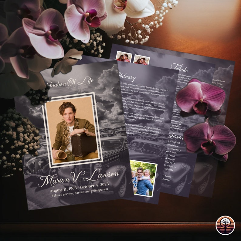 a brochure with a picture of a man and flowers