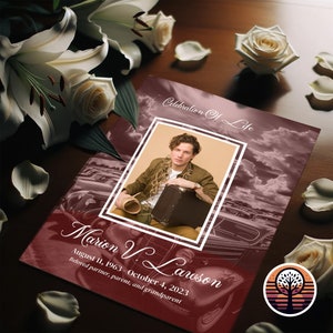 May include: A burgundy funeral program with a photo of a man in a brown jacket holding a suitcase. The program has the text "Celebration of Life" and "Marion V. Lawson" with the dates "August 11, 1963 October 4, 2023". The text "Beloved partner, parent, and grandparent" is also included. The background of the program features a vintage car and clouds.