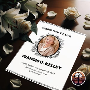May include: A black and white funeral program with a floral border and a photo of a woman. The program reads "Celebration of Life" and "Francis U. Kelley" with the dates "March 3, 1950 - November 22, 2022". The text also reads "Beloved wife, mother and grandmother".