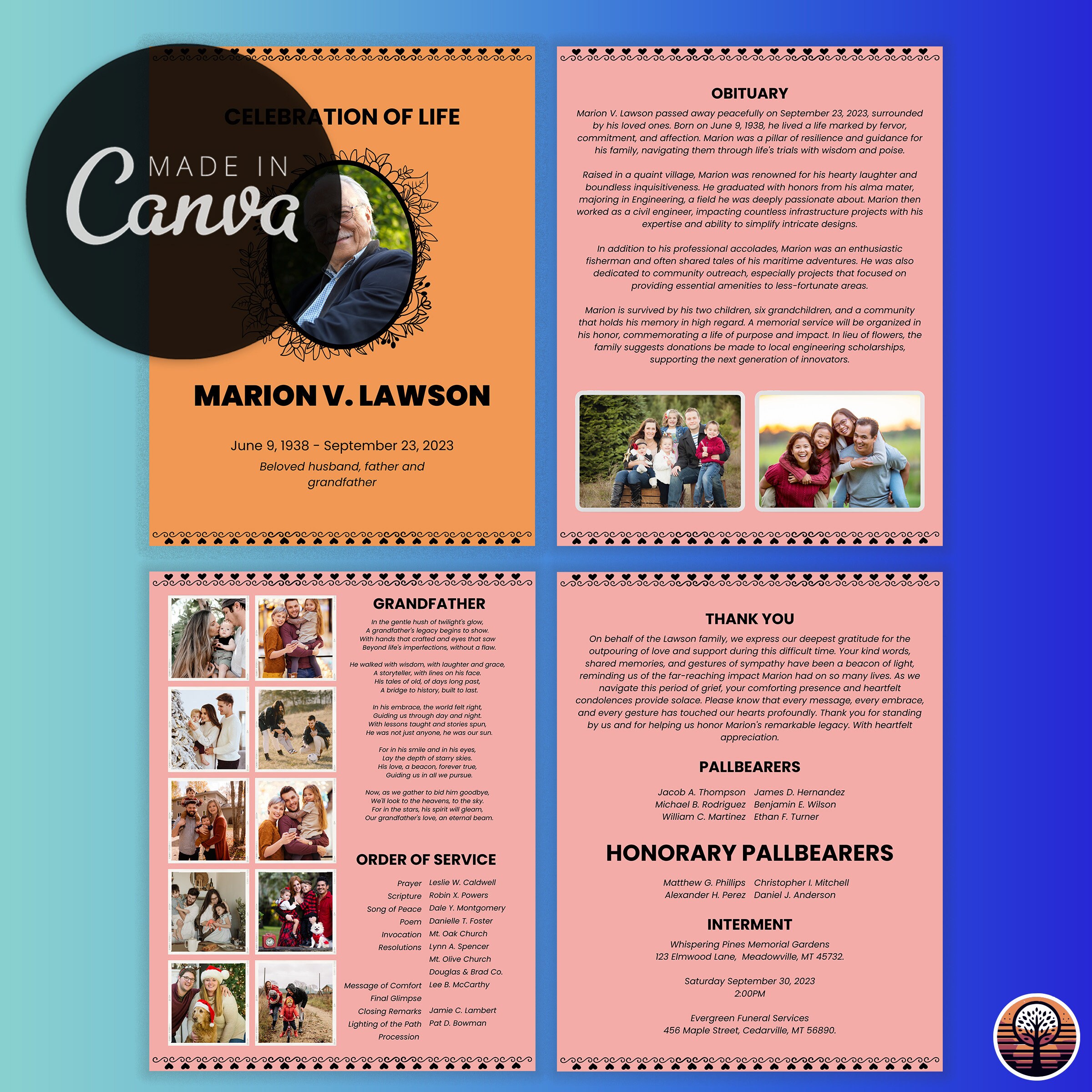 Funeral Program Template - Printable Order of Service for Celebration ...