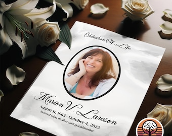 Modèle de programme de funérailles - Commande de service imprimable pour une célébration de la vie - Mise en page 4 pages - Fond de nuage blanc