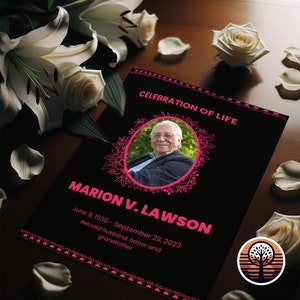 Plantilla de programa funerario - Orden de servicio imprimible para celebración de la vida - Diseño de 4 páginas - Sandía vívida y negro