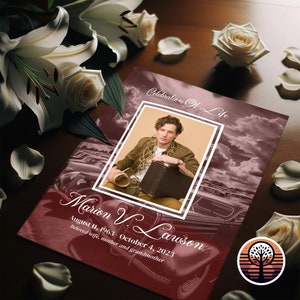 May include: A burgundy and white funeral program with a photo of a man in a brown jacket holding a suitcase. The program has the text "Celebration of Life" and "Marion V. Lawson" with dates August 11, 1963 - October 4, 2023. The program also has the text "Beloved wife, mother and grandmother".