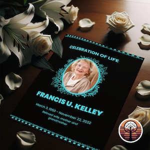 Funeral Program Template - Printable Order of Service for Celebration of Life - 2 Page Layout - Tropical Sky Blue And Black