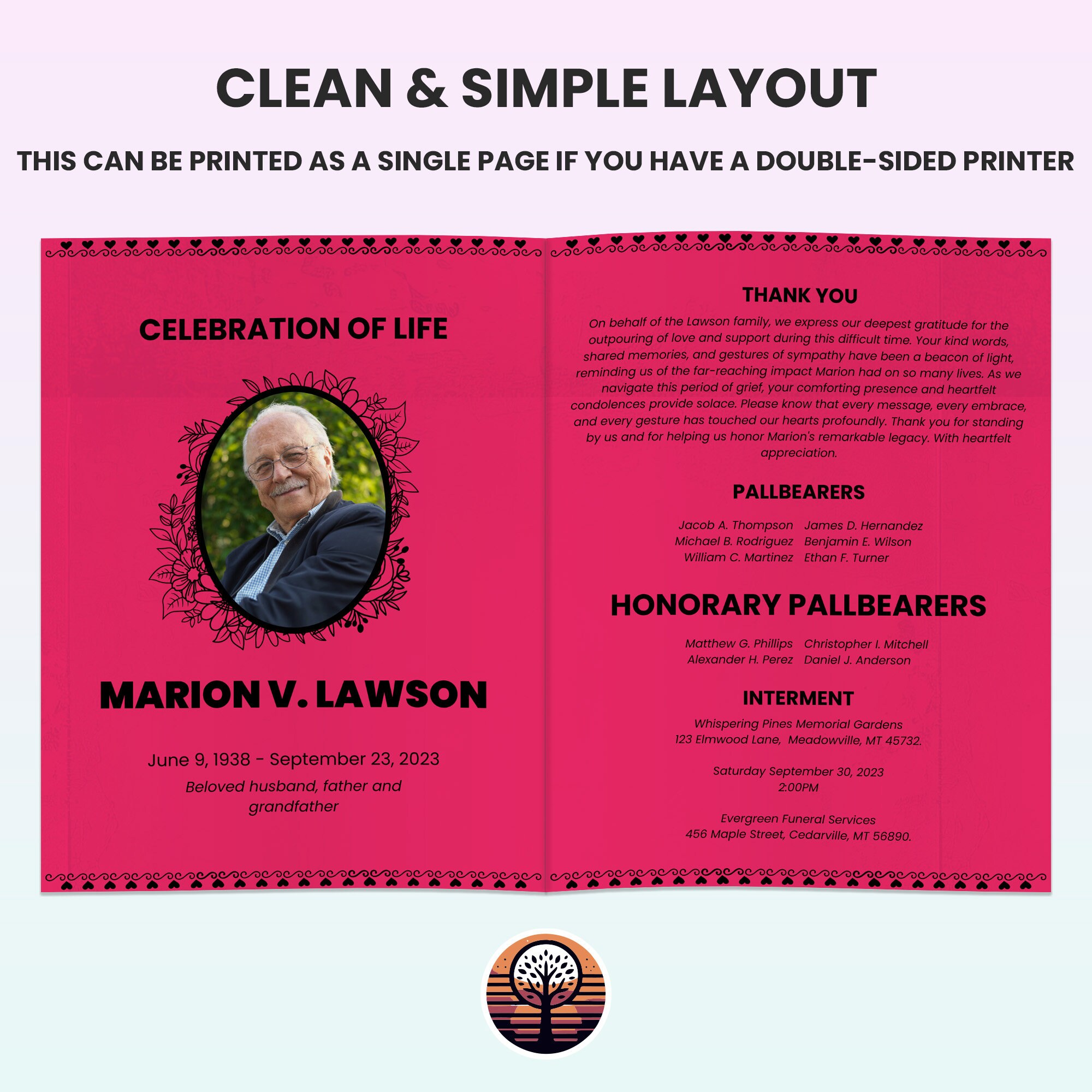 Funeral Program Template - Printable Order of Service for Celebration ...