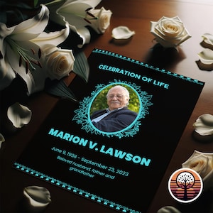 Funeral Program Template - Printable Order of Service for Celebration of Life - 4 Page Layout - Tropical Sky Blue And Black