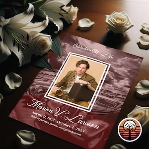 May include: A burgundy funeral program with a photo of a man in a brown jacket holding a suitcase. The program has the text "Celebration of Life" and "Marion V. Lawson" with the dates "August 11, 1963 October 4, 2023". The text "Beloved partner, parent, and grandparent" is also included. The background of the program features a vintage car and clouds.