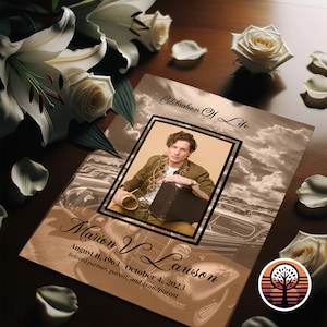 May include: A brown and white memorial booklet with a photo of a man in a brown shirt and a suitcase. The text on the booklet reads "Celebration of Life" and "Marion V. Lawson August 11, 1963 October 4, 2023 Beloved partner, parent, and grandparent".