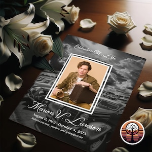 Plantilla de programa funerario - Orden de servicio imprimible para celebración de la vida - Diseño de 4 páginas - Coche clásico negro