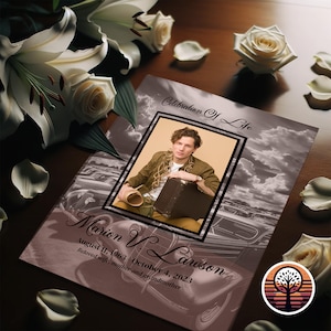 May include: A brown and white memorial card with a photo of a man in a brown jacket and a suitcase. The text on the card reads "Celebration of Life" and "Marion V. Lawson August 11, 1963 October 4, 2023 Beloved wife, mother and grandmother".
