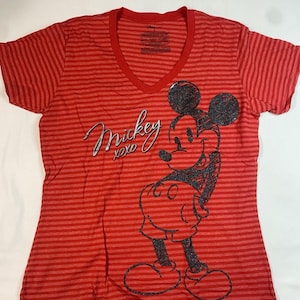 Disney Store Mickey Mouse XOXO Striped V-Neck T-Shirt XL Red Organic Cotto image 1