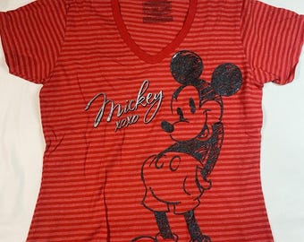 Disney Store Mickey Mouse XOXO Striped V-Neck T-Shirt XL Red Organic Cotto