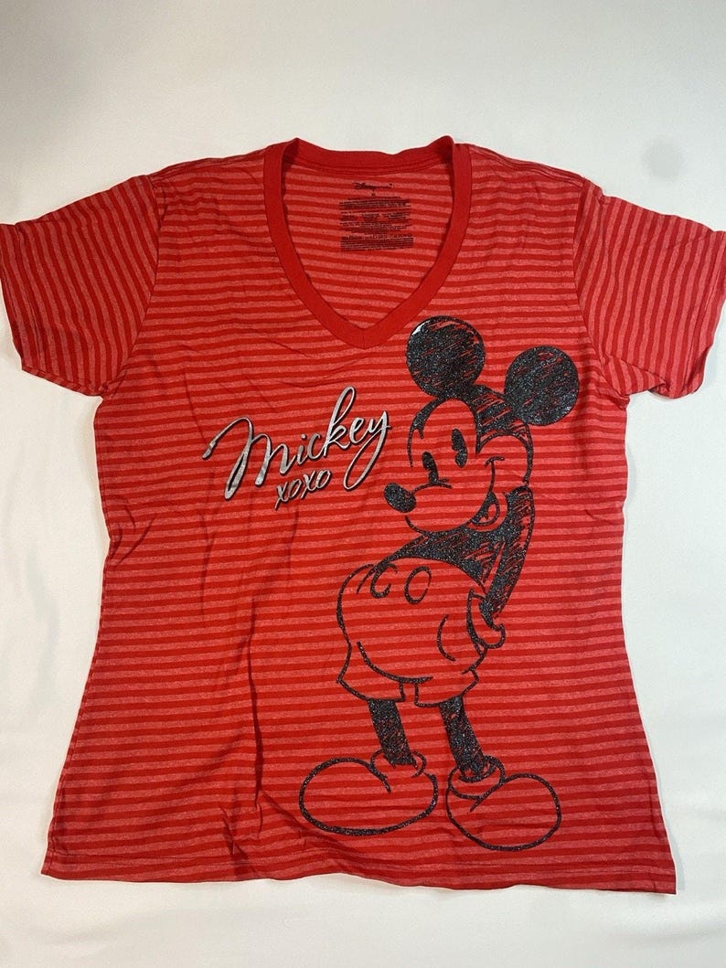Disney Store Mickey Mouse XOXO Striped V-Neck T-Shirt XL Red Organic Cotto image 1