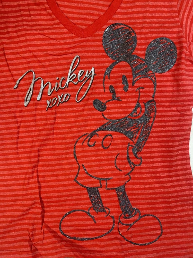 Disney Store Mickey Mouse XOXO Striped V-Neck T-Shirt XL Red Organic Cotto image 2