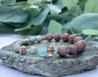 Jaspe des sédiments marins, verre, lave ~ Bracelet diffuseur ~ Aromathérapie ~ Huile essentielle ~ Plage ~ Cadeaux ~ Bohème ~ Bracelet extensible naturel