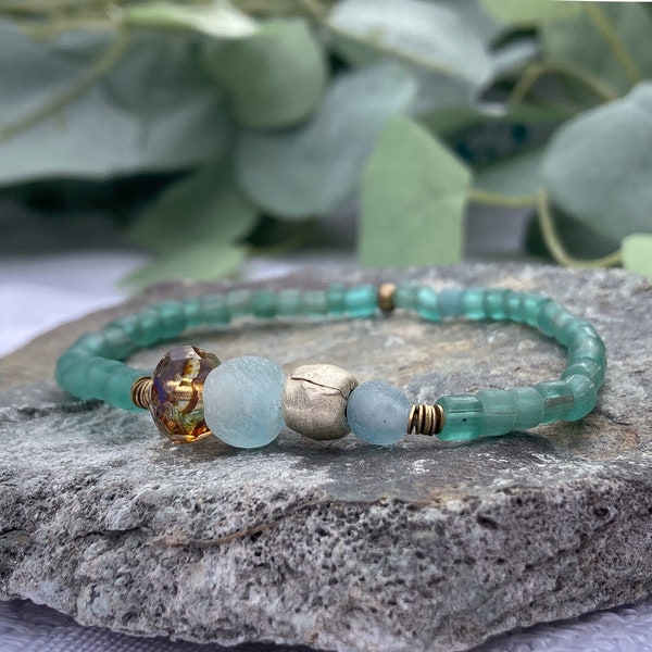 Beach Bracelet ~ Choose your favourite colours: Green, lilac/blue, sea glass soft green ~ Rare recycled glass ~ Limited Boho Ocean Jewelry