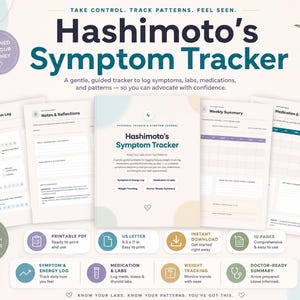 May include: A Hashimoto's Symptom Tracker printable PDF set featuring a cover page and internal logs for daily symptoms, notes, weekly summaries, and medication or thyroid labs. The pages are US Letter size, 8.5 by 11 inches, with soft pastel accents.