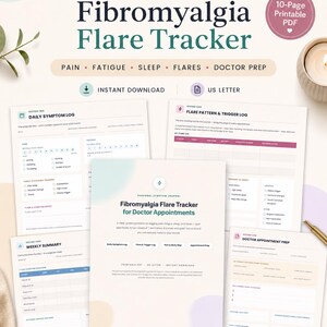 Op de afbeelding: Een 10-pagina tellende, printbare PDF Fibromyalgie Flare Tracker voor US Letter-formaat. Het document bevat secties voor dagelijkse symptoomlogboeken, flare-patronen, trigger-logs, wekelijkse samenvattingen en voorbereiding op doktersafspraken.